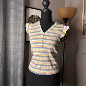 THML Pastel Striped Ruffle Sleeve Blouse